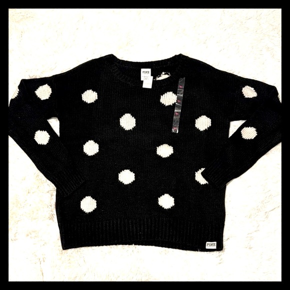 💕🅟🅘🅝🅚 🅥🅢 RARE Black and white Polka Dot Sweater NWT💕 - Picture 2 of 5
